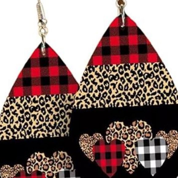 Heart Earrings Leopard Buffalo Plaid Dangle Drop Dangling Valentines Jewelry - Picture 2 of 4